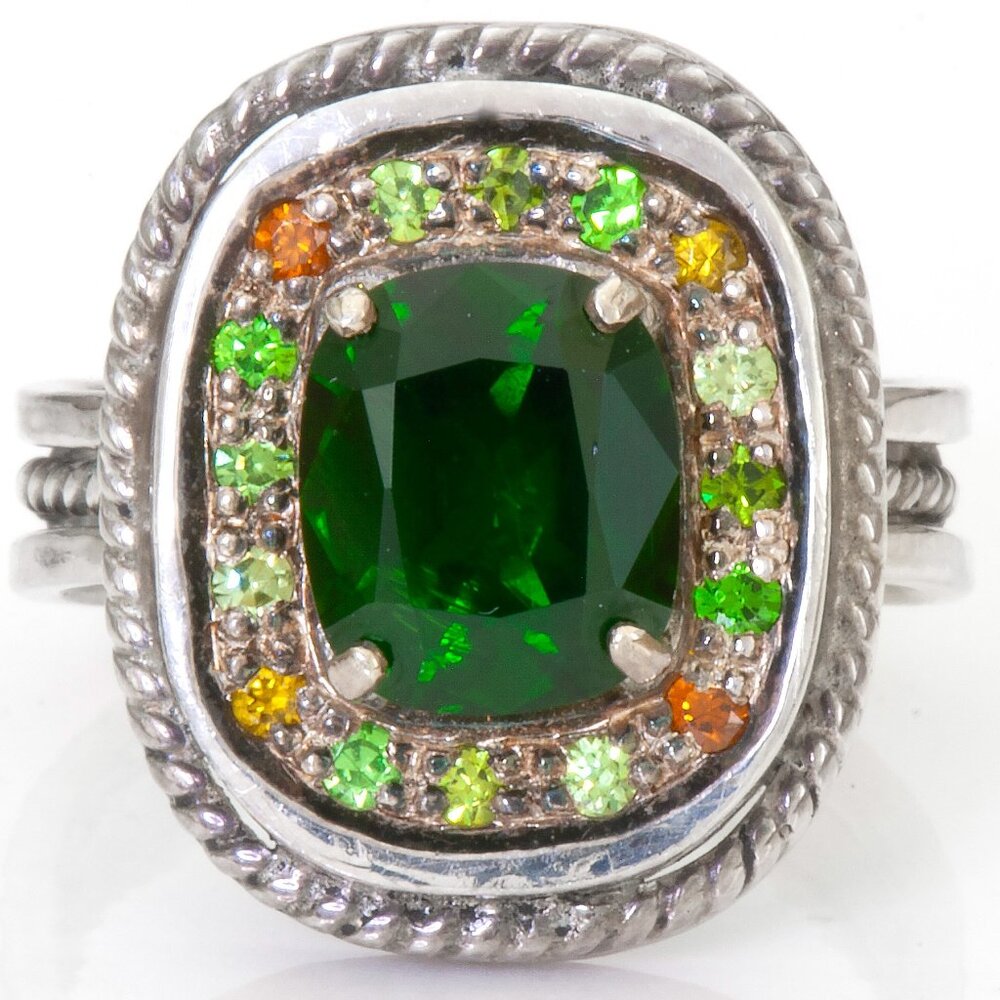 Unique Natural Chrome Diopside Ring With Demantoid Garnets Sterling Silver Sz 7